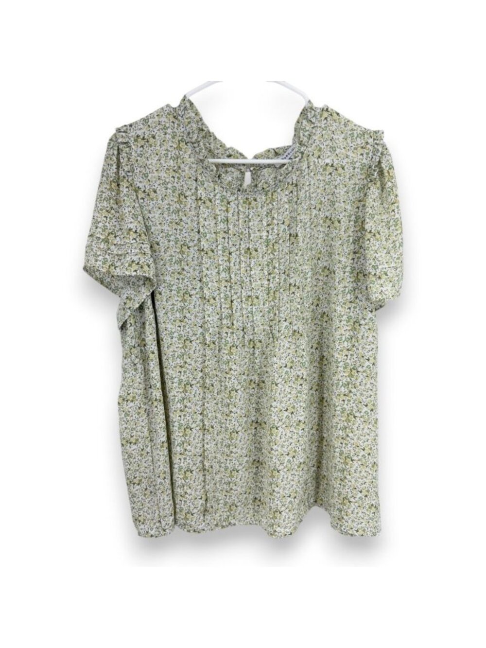 Rose & Olive Women 2X Floral Blouse Tunic Top Pleated Green White Short Sleeve